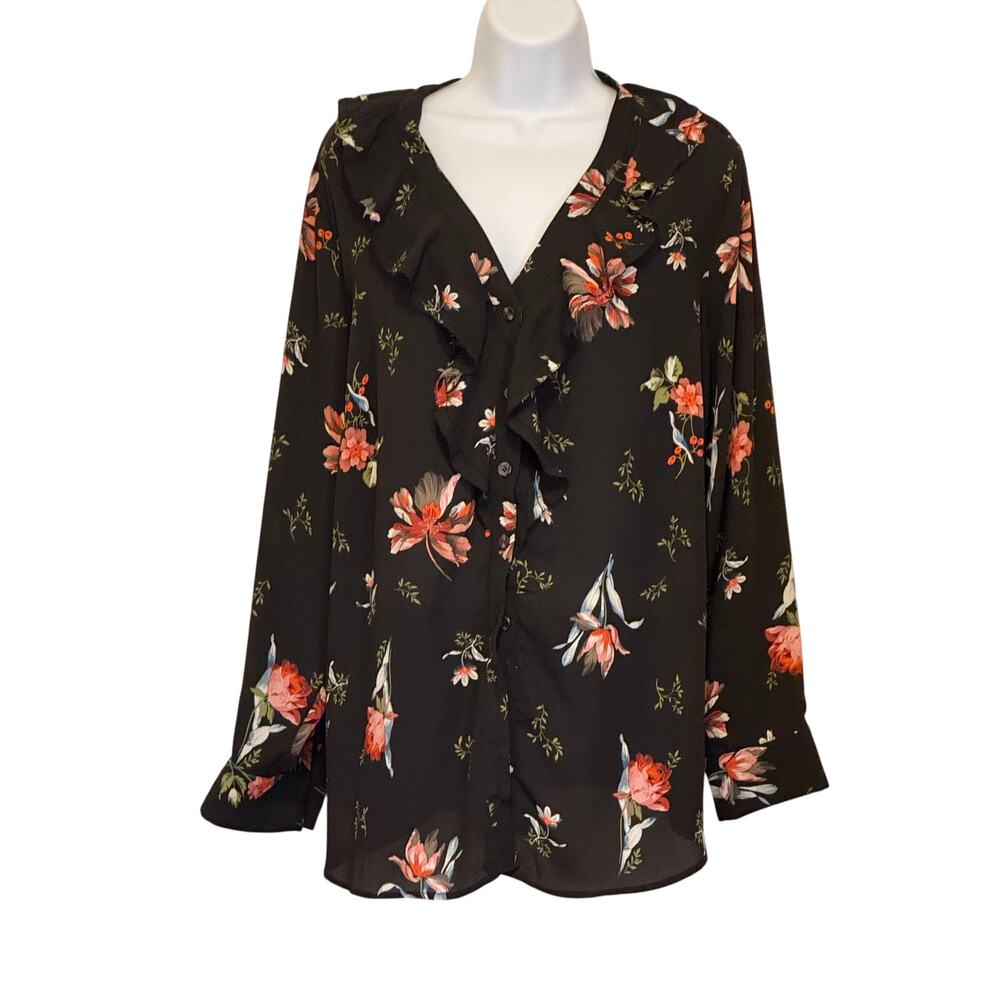 Premise 1X Floral Ruffle Blouse Sheer Black Romantic Boho Office Cottagecore Top
